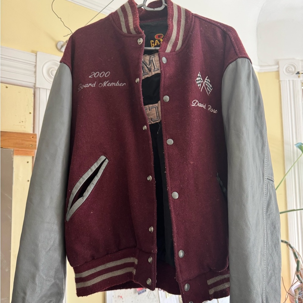 Men's Maroon and Gray Varsity Racing Jacket